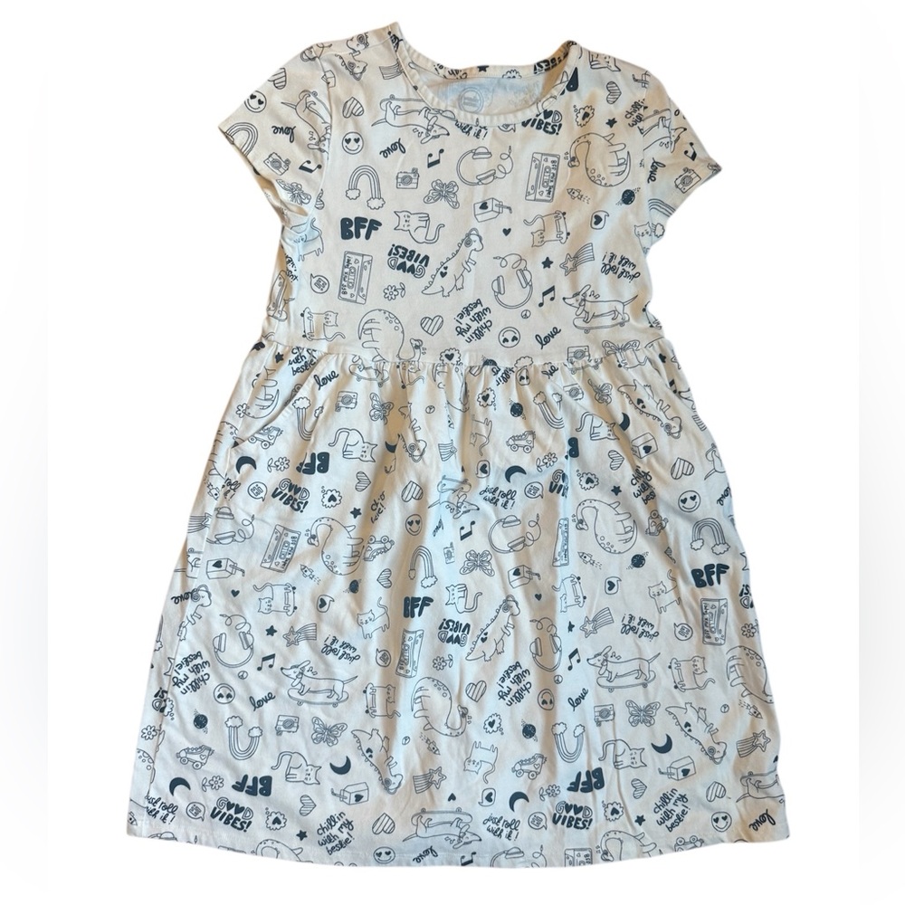 Kids Graphic Print Play Dress - off- white and black, pockets, short sleeved